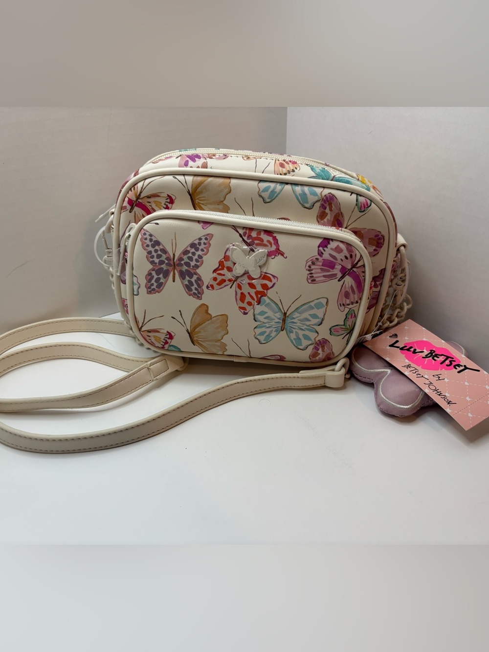 Luv Betsey Johnson white W multi color Butterfly Print Crossbody Bag